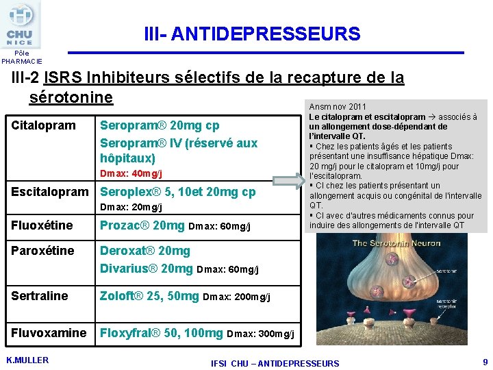 III- ANTIDEPRESSEURS Pôle PHARMACIE III-2 ISRS Inhibiteurs sélectifs de la recapture de la sérotonine