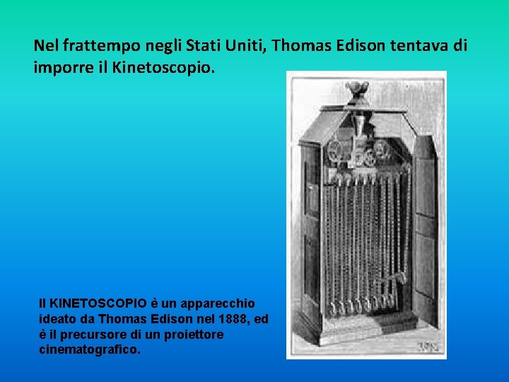 Nel frattempo negli Stati Uniti, Thomas Edison tentava di imporre il Kinetoscopio. Il KINETOSCOPIO