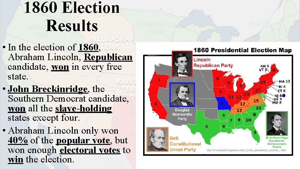 1860 Election Results • In the election of 1860, Abraham Lincoln, Republican candidate, won