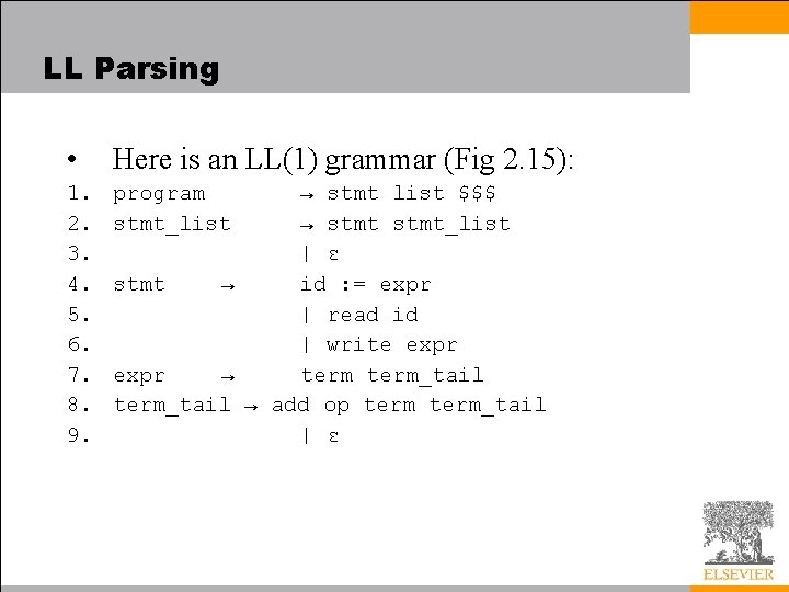 LL Parsing • Here is an LL(1) grammar (Fig 2. 15): 1. 2. 3.