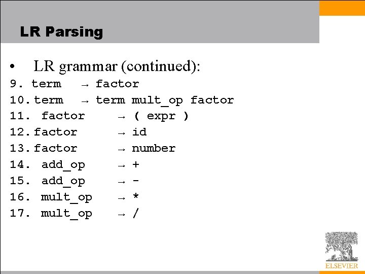 LR Parsing • LR grammar (continued): 9. term → factor 10. term → term