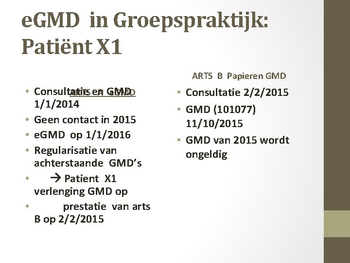 e. GMD in Groepspraktijk: Patiënt X 1 ARTS B Papieren GMD • Consultatie en