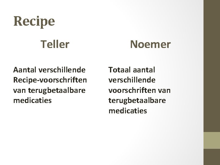 Recipe Teller Aantal verschillende Recipe-voorschriften van terugbetaalbare medicaties Noemer Totaal aantal verschillende voorschriften van