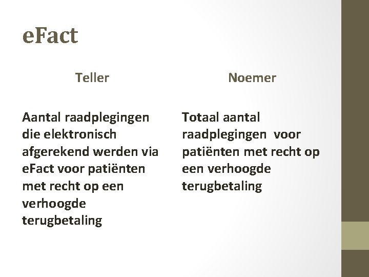 e. Fact Teller Noemer Aantal raadplegingen die elektronisch afgerekend werden via e. Fact voor