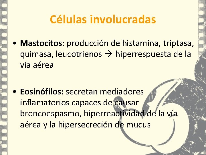 Células involucradas • Mastocitos: producción de histamina, triptasa, quimasa, leucotrienos hiperrespuesta de la vía Células involucradas • Mastocitos: producción de histamina, triptasa, quimasa, leucotrienos hiperrespuesta de la vía