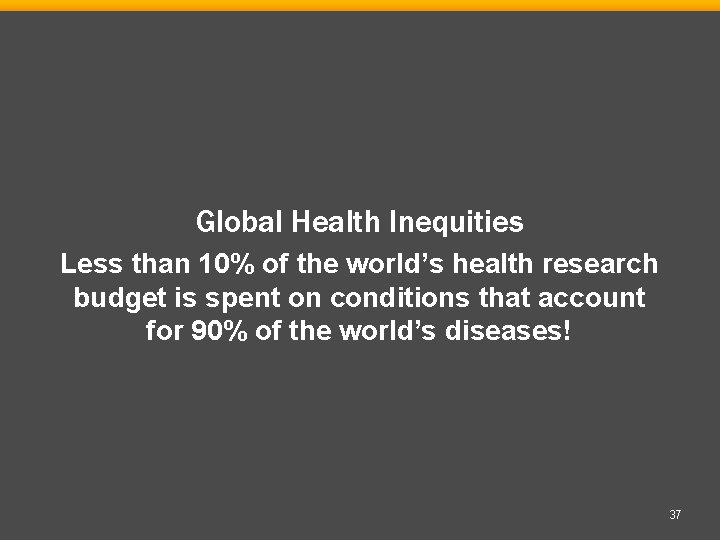 Global Health Inequities Less than 10% of the world’s health research budget is spent