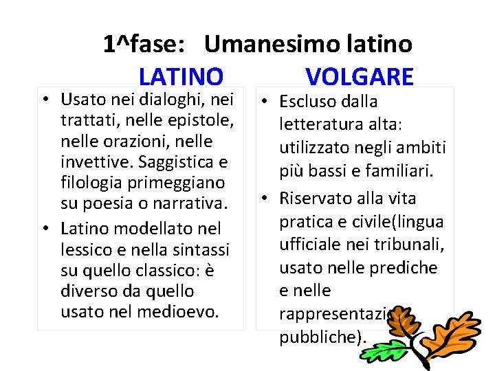 1^fase: Umanesimo latino LATINO VOLGARE • Usato nei dialoghi, nei trattati, nelle epistole, nelle
