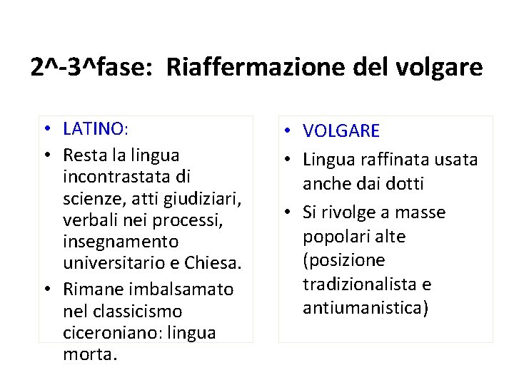2^-3^fase: Riaffermazione del volgare • LATINO: • Resta la lingua incontrastata di scienze, atti