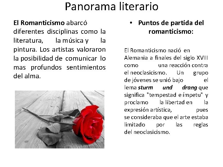 Panorama literario El Romanticismo abarcó diferentes disciplinas como la literatura, la música y la