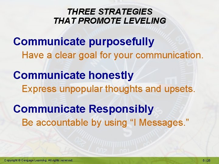 THREE STRATEGIES THAT PROMOTE LEVELING Communicate purposefully Have a clear goal for your communication.