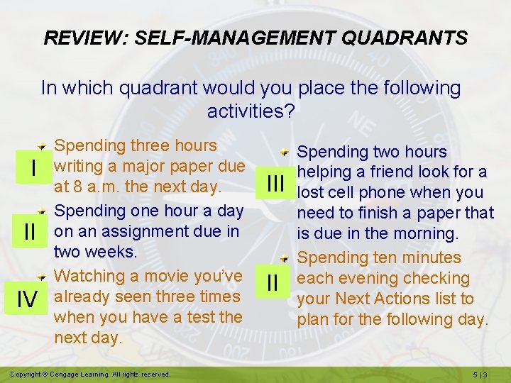 REVIEW: SELF-MANAGEMENT QUADRANTS In which quadrant would you place the following activities? I II