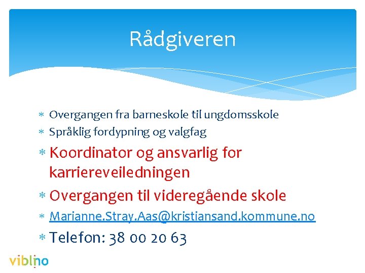 Rådgiveren Overgangen fra barneskole til ungdomsskole Språklig fordypning og valgfag Koordinator og ansvarlig for