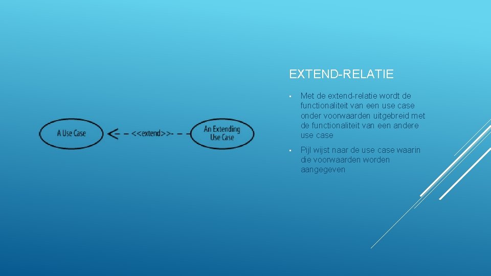 EXTEND-RELATIE • Met de extend-relatie wordt de functionaliteit van een use case onder voorwaarden