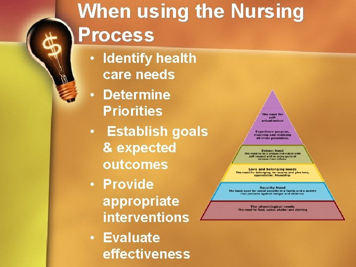 When using the Nursing Process • Identify health care needs • Determine Priorities •