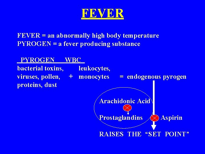 FEVER = an abnormally high body temperature PYROGEN = a fever producing substance PYROGEN