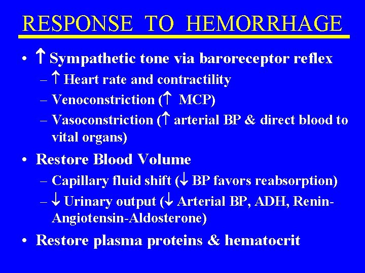 RESPONSE TO HEMORRHAGE • Sympathetic tone via baroreceptor reflex – Heart rate and contractility