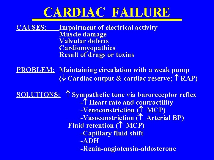CARDIAC FAILURE CAUSES: Impairment of electrical activity Muscle damage Valvular defects Cardiomyopathies Result of
