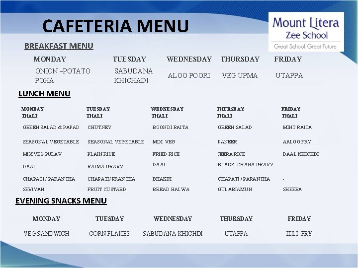 CAFETERIA MENU BREAKFAST MENU MONDAY TUESDAY WEDNESDAY THURSDAY FRIDAY ONION –POTATO POHA SABUDANA KHICHADI