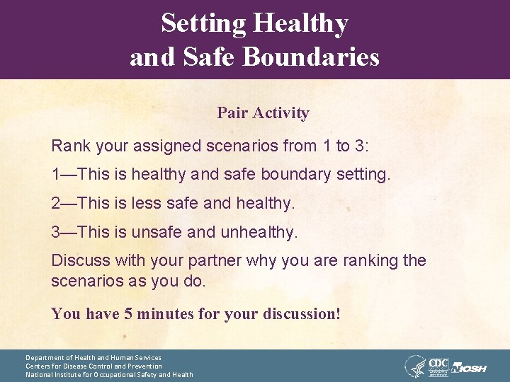 Setting Healthy and Safe Boundaries Pair Activity Rank your assigned scenarios from 1 to