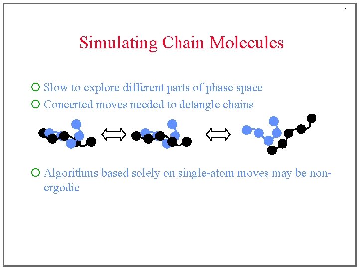 3 Simulating Chain Molecules ¡ Slow to explore different parts of phase space ¡