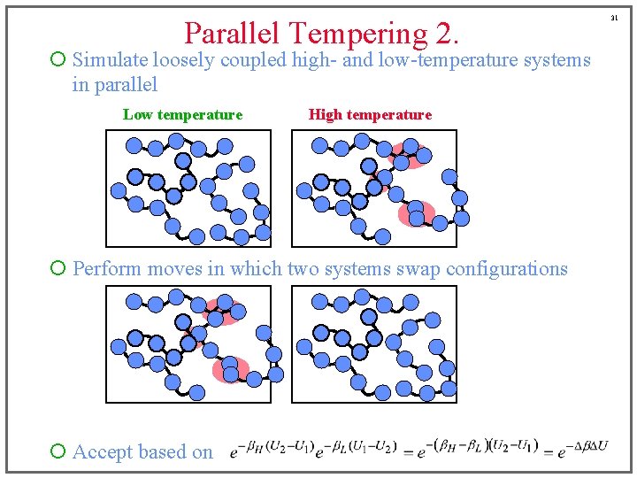 Parallel Tempering 2. ¡ Simulate loosely coupled high- and low-temperature systems in parallel Low