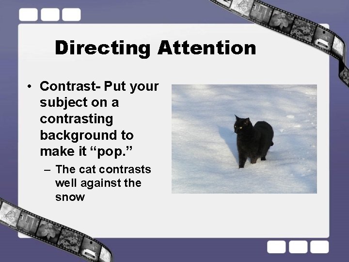 Directing Attention • Contrast- Put your subject on a contrasting background to make it