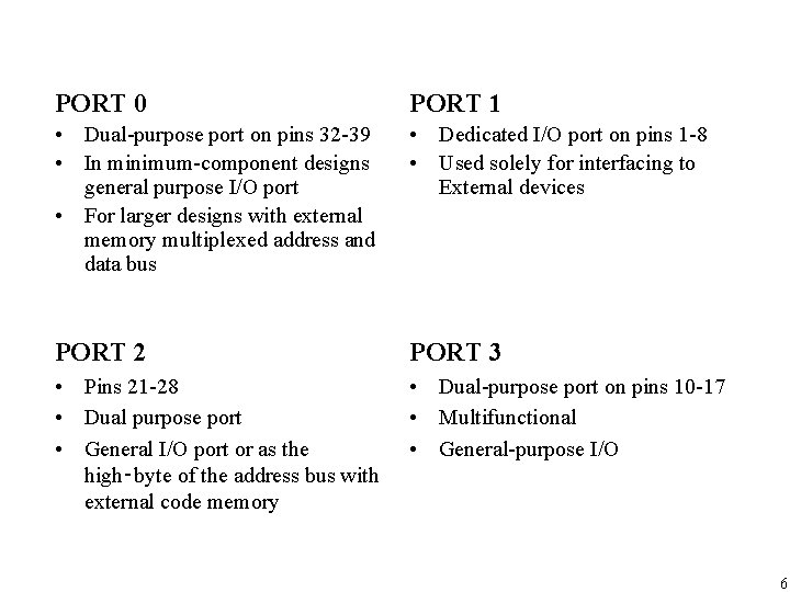 PORT 0 PORT 1 • Dual-purpose port on pins 32 -39 • In minimum-component