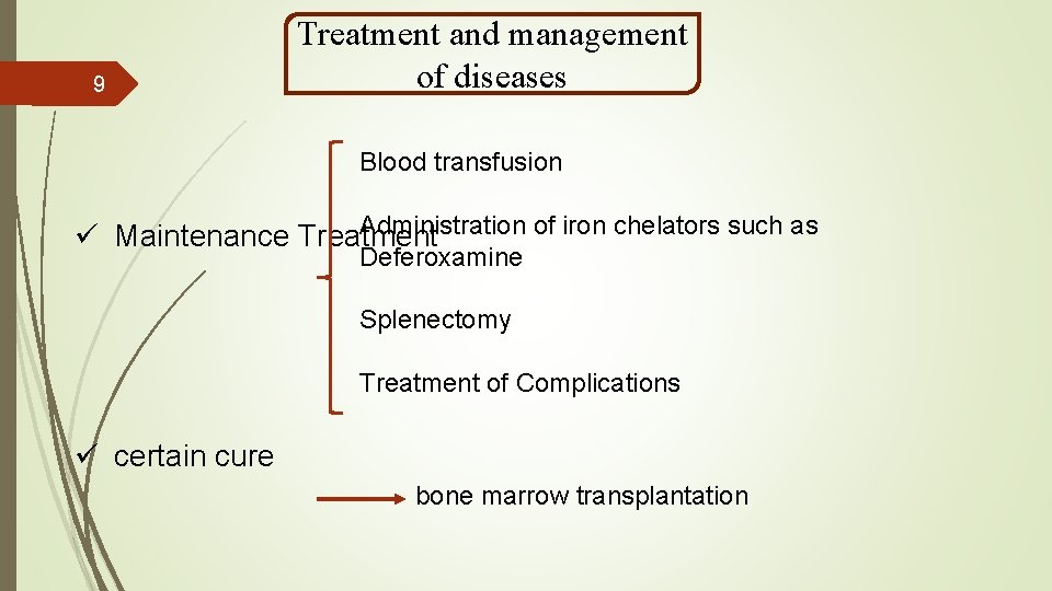 9 Treatment and management of diseases Blood transfusion Administration of iron chelators such as