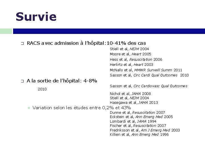 Survie � RACS avec admission à l’hôpital: 10 -41% des cas Stiell et al,