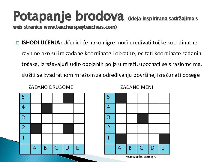 Potapanje brodova (ideja inspirirana sadržajima s web stranice www. teacherspayteachers. com) � ISHODI UČENJA:
