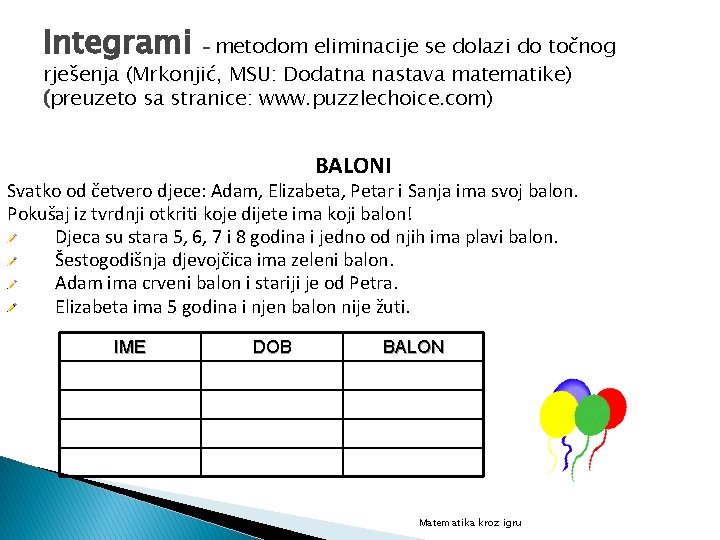 Integrami metodom eliminacije se dolazi do točnog rješenja (Mrkonjić, MSU: Dodatna nastava matematike) (preuzeto
