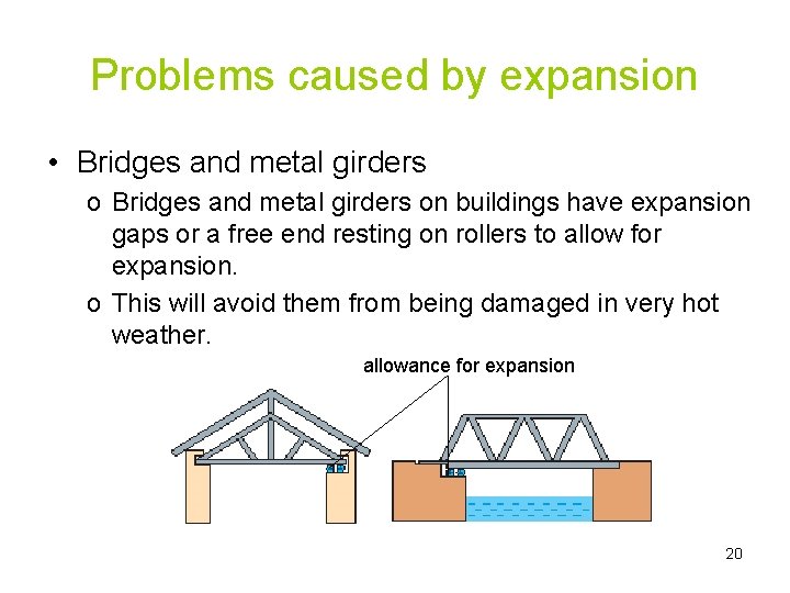 Problems caused by expansion • Bridges and metal girders on buildings have expansion gaps