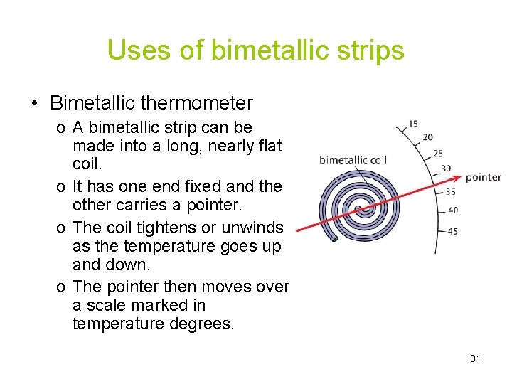 Uses of bimetallic strips • Bimetallic thermometer o A bimetallic strip can be made