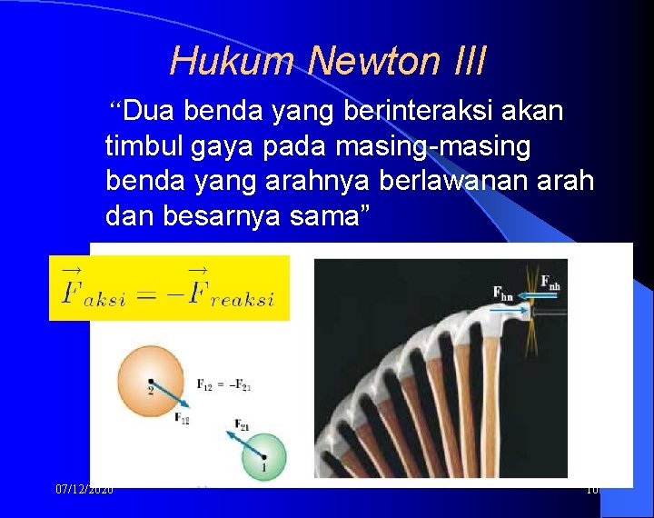 Hukum Newton III “Dua benda yang berinteraksi akan timbul gaya pada masing-masing benda yang