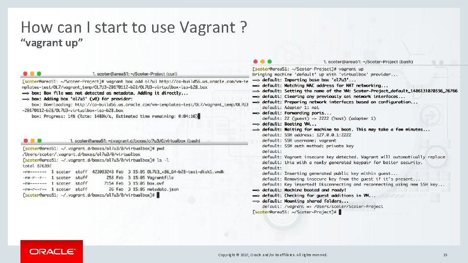 How can I start to use Vagrant ? “vagrant up” Copyright © 2017, Oracle How can I start to use Vagrant ? “vagrant up” Copyright © 2017, Oracle