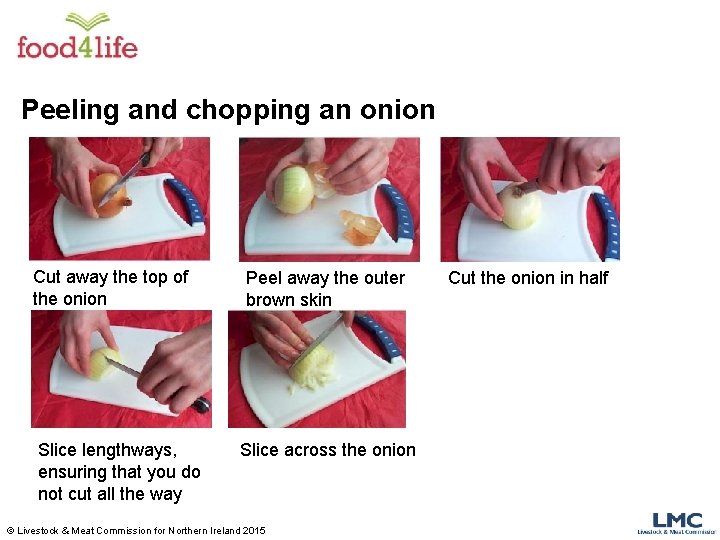 Peeling and chopping an onion Cut away the top of the onion Slice lengthways,