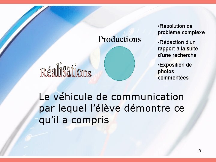 Productions • Résolution de problème complexe • Rédaction d’un rapport à la suite d’une