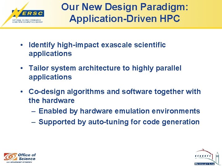 Our New Design Paradigm: Application-Driven HPC • Identify high-impact exascale scientific applications • Tailor