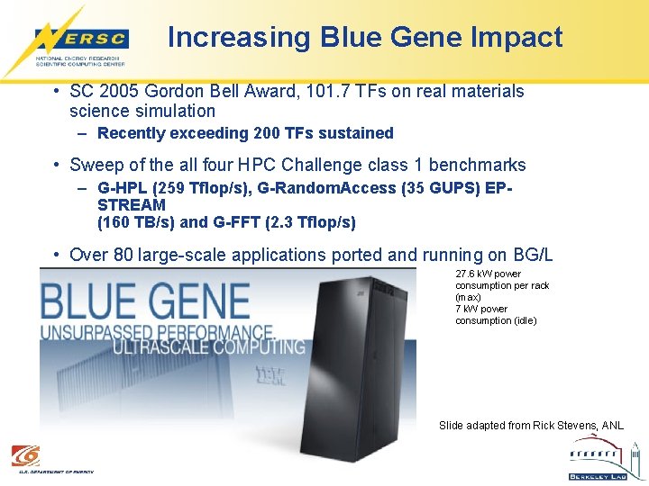 Increasing Blue Gene Impact • SC 2005 Gordon Bell Award, 101. 7 TFs on