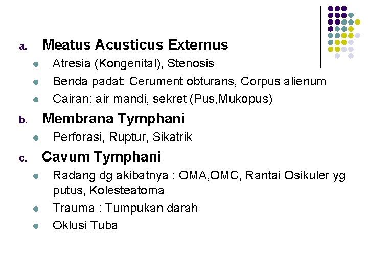 Meatus Acusticus Externus a. l l l Atresia (Kongenital), Stenosis Benda padat: Cerument obturans,