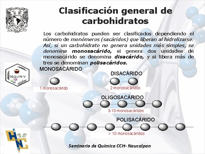 Clasificación general de carbohidratos Los carbohidratos pueden ser clasificados dependiendo el número de monómeros