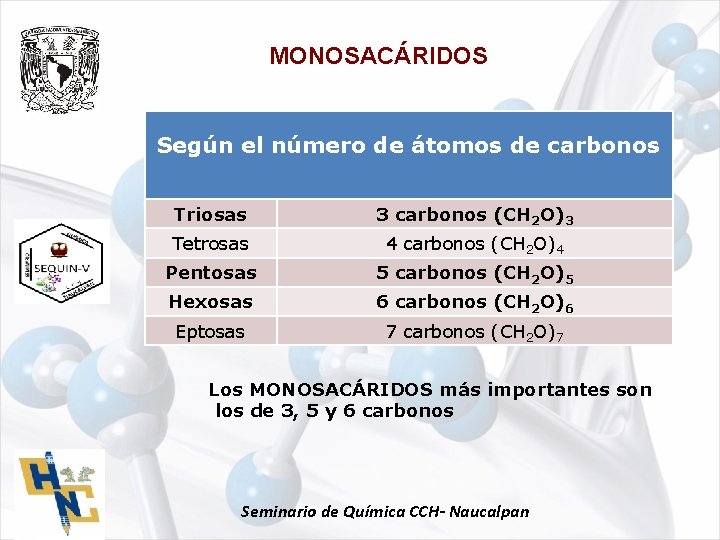 MONOSACÁRIDOS Según el número de átomos de carbonos Triosas 3 carbonos (CH 2 O)3