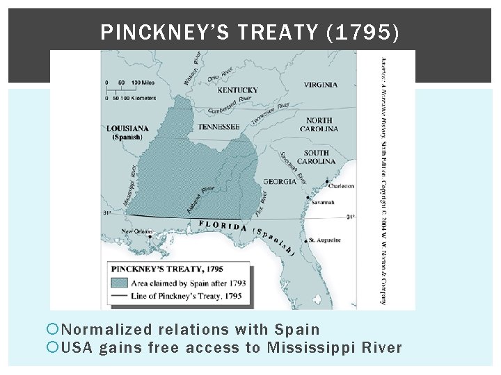 PINCKNEY’S TREATY (1795) Normalized relations with Spain USA gains free access to Mississippi River