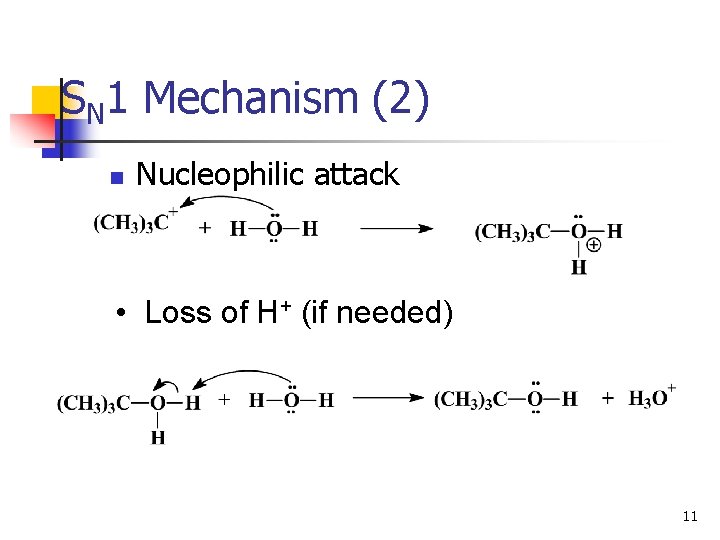SN 1 Mechanism (2) n Nucleophilic attack • Loss of H+ (if needed) 11