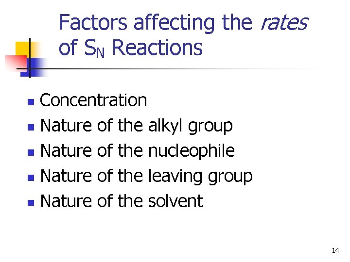 Factors affecting the rates of SN Reactions Concentration n Nature of the alkyl group