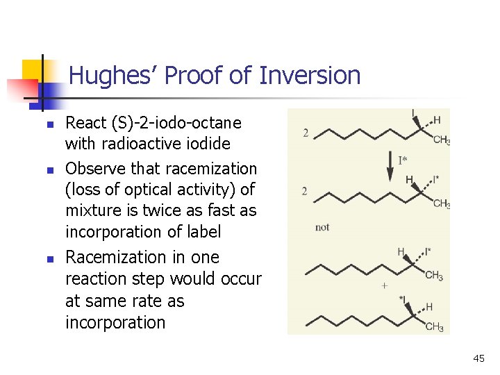 Hughes’ Proof of Inversion n React (S)-2 -iodo-octane with radioactive iodide Observe that racemization