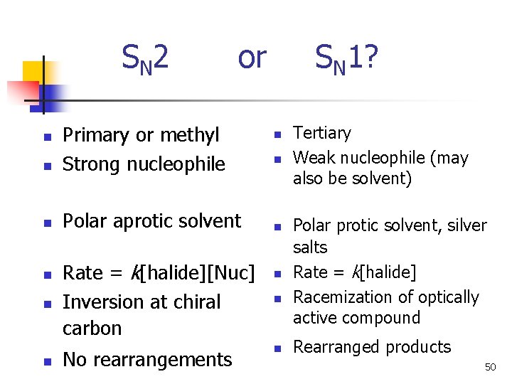 S N 2 or n Primary or methyl Strong nucleophile n Polar aprotic solvent