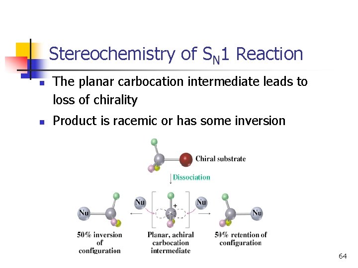 Stereochemistry of SN 1 Reaction n n The planar carbocation intermediate leads to loss