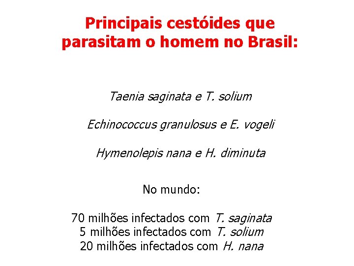 Principais cestóides que parasitam o homem no Brasil: Taenia saginata e T. solium Echinococcus