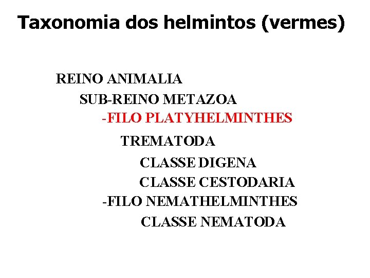 Taxonomia dos helmintos (vermes) REINO ANIMALIA SUB-REINO METAZOA -FILO PLATYHELMINTHES TREMATODA CLASSE DIGENA CLASSE